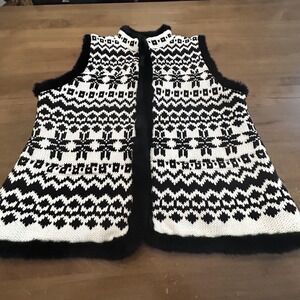 Talbots Sweater Vest Womens XLP Black White Fair Isle Faux Fur Lined Winter Knit
